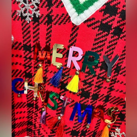 Merry Christmas 3-D Spell Out Embellished Plaid Holiday UGLY Sweater Bling - Picture 2 of 6